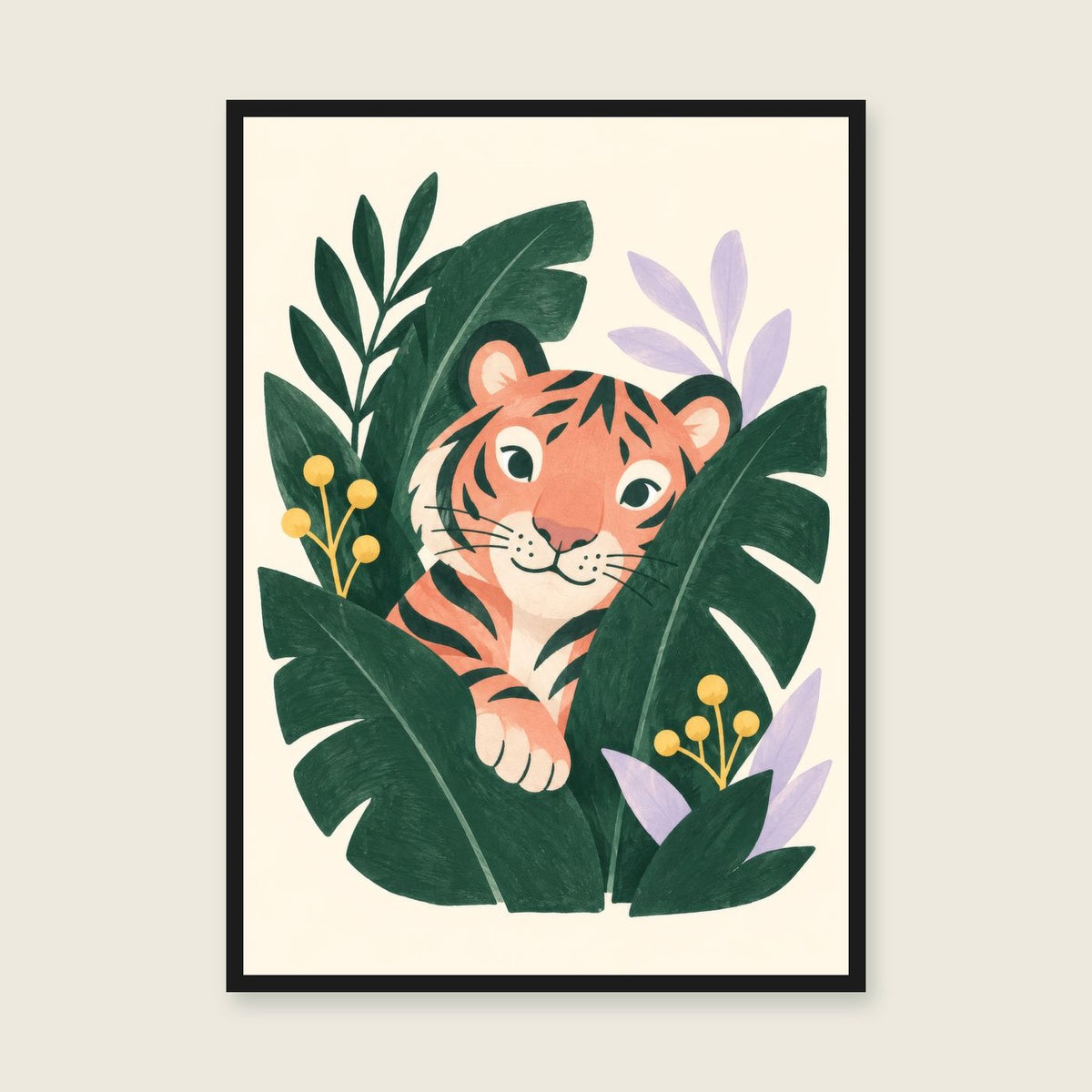 Tiger in the Leaves children’s illustration in green, coral, lilac and yellow — styled with a black frame; choose the framed finish to include it