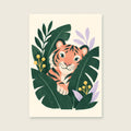 Tiger in the Leaves children’s illustration in green, coral, lilac and yellow