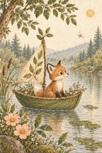 Fox sailing a leaf-sail wooden boat on a lake, with moss green trees, warm sun and soft peach flowers — artwork detail