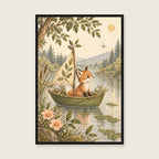 Fox sailing a leaf-sail wooden boat on a lake, with moss green trees, warm sun and soft peach flowers — styled with a black frame; choose the framed finish to include it