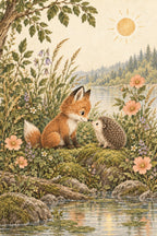 Fox and hedgehog meeting by a woodland lake, with moss green leaves and soft peach flowers — artwork detail
