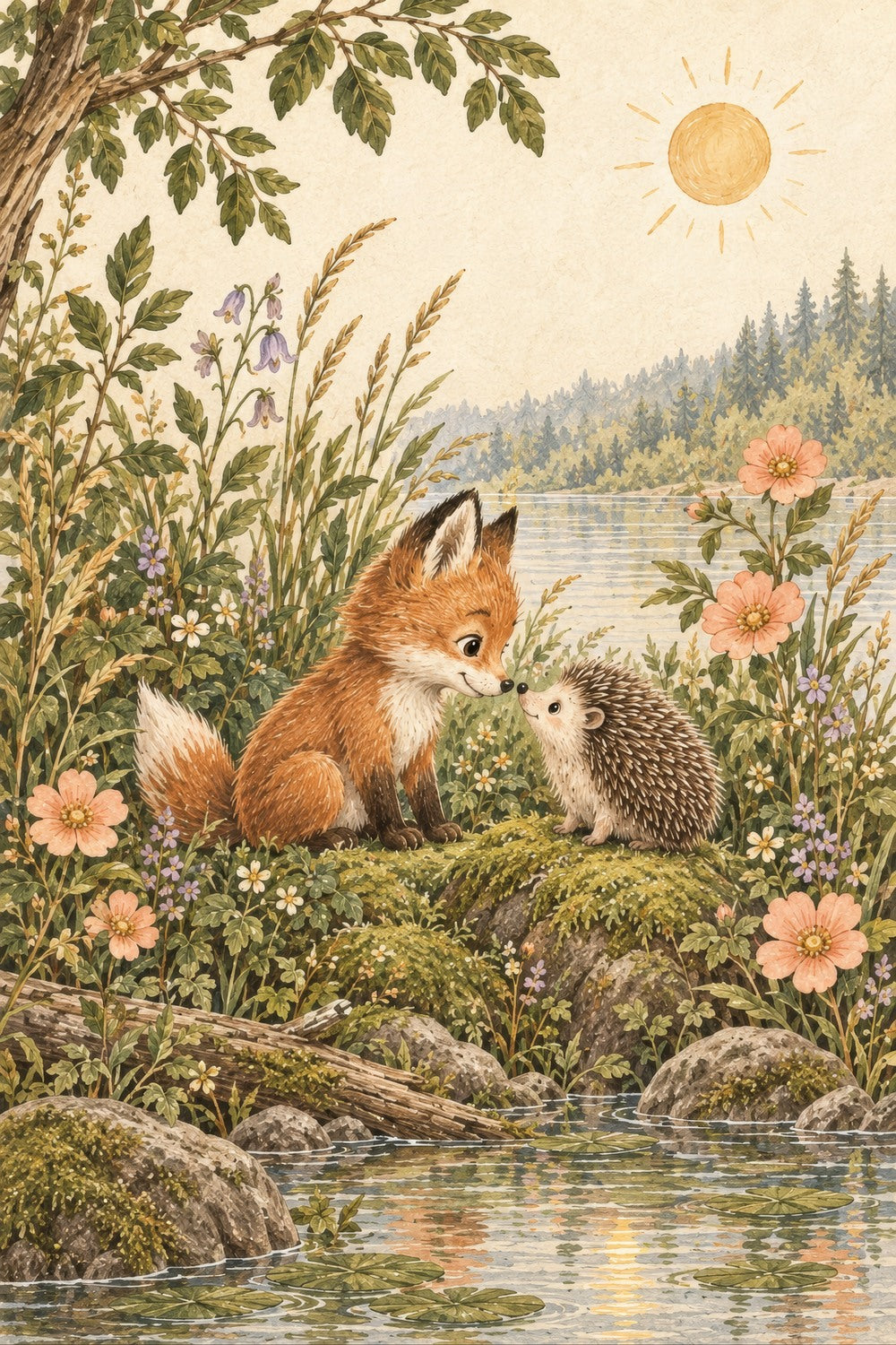 Fox and hedgehog meeting by a woodland lake, with moss green leaves and soft peach flowers — artwork detail