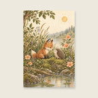 Fox and hedgehog meeting by a woodland lake, with moss green leaves and soft peach flowers