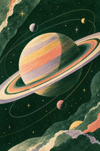 Saturn After Dark children’s illustration in green, coral, lilac and yellow — artwork detail