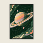 Saturn After Dark children’s illustration in green, coral, lilac and yellow — styled with a black frame; choose the framed finish to include it