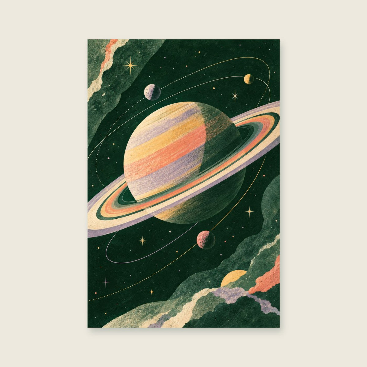 Saturn After Dark children’s illustration in green, coral, lilac and yellow