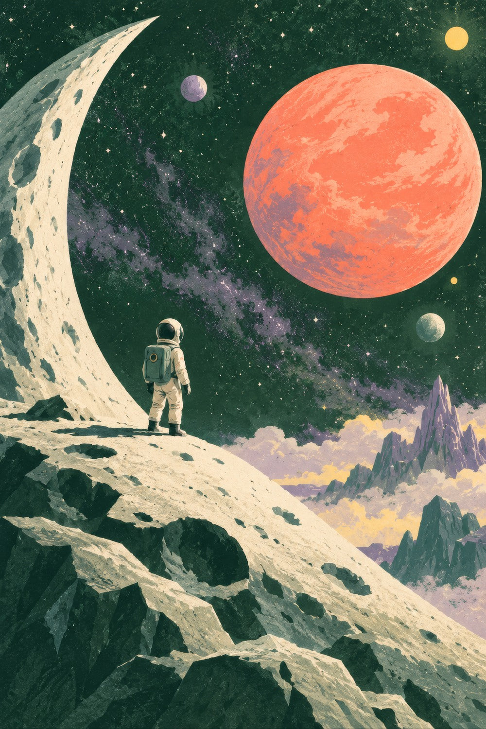 Moonrise Explorer children’s illustration in green, coral, lilac and yellow — artwork detail