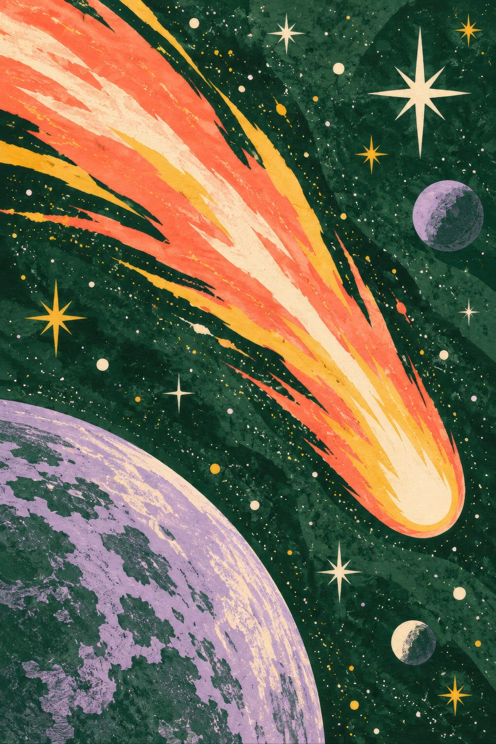 Cosmic Comet children’s illustration in green, coral, lilac and yellow — artwork detail