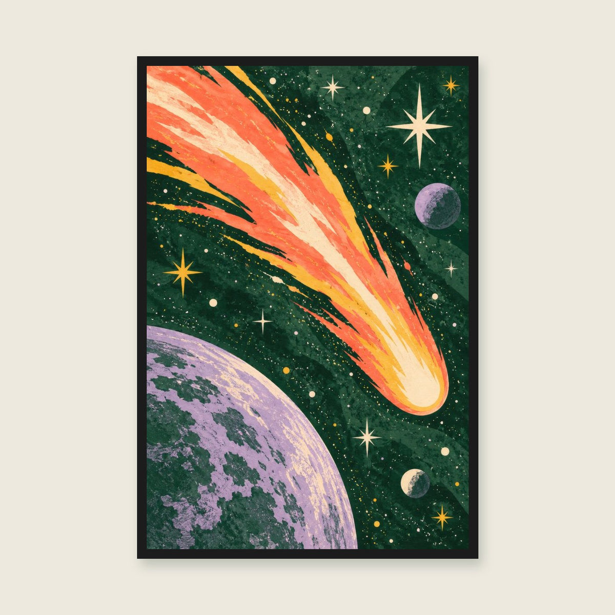 Cosmic Comet children’s illustration in green, coral, lilac and yellow — styled with a black frame; choose the framed finish to include it