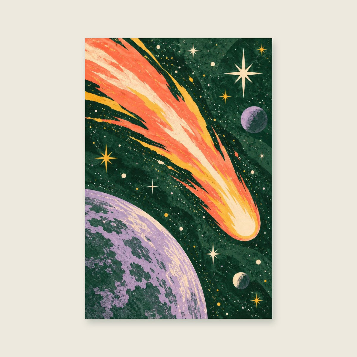 Cosmic Comet children’s illustration in green, coral, lilac and yellow