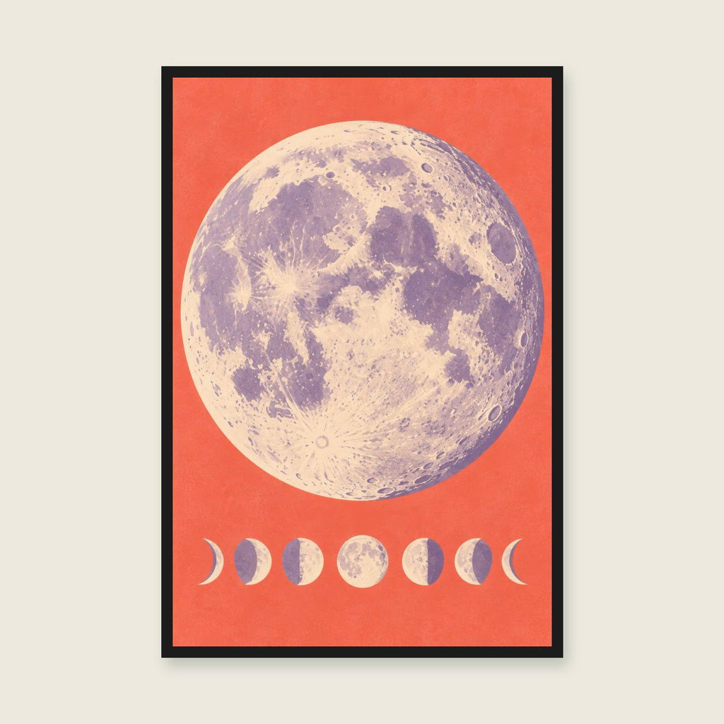Lunar Rhythm children’s illustration in green, coral, lilac and yellow — styled with a black frame; choose the framed finish to include it