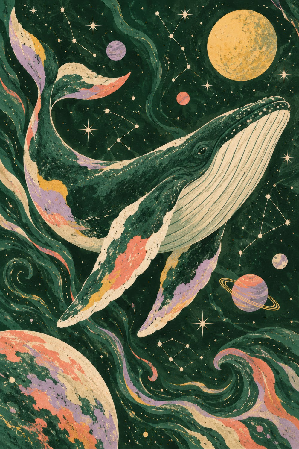 Cosmic Whale children’s illustration in green, coral, lilac and yellow — artwork detail