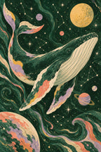 Cosmic Whale children’s illustration in green, coral, lilac and yellow — artwork detail