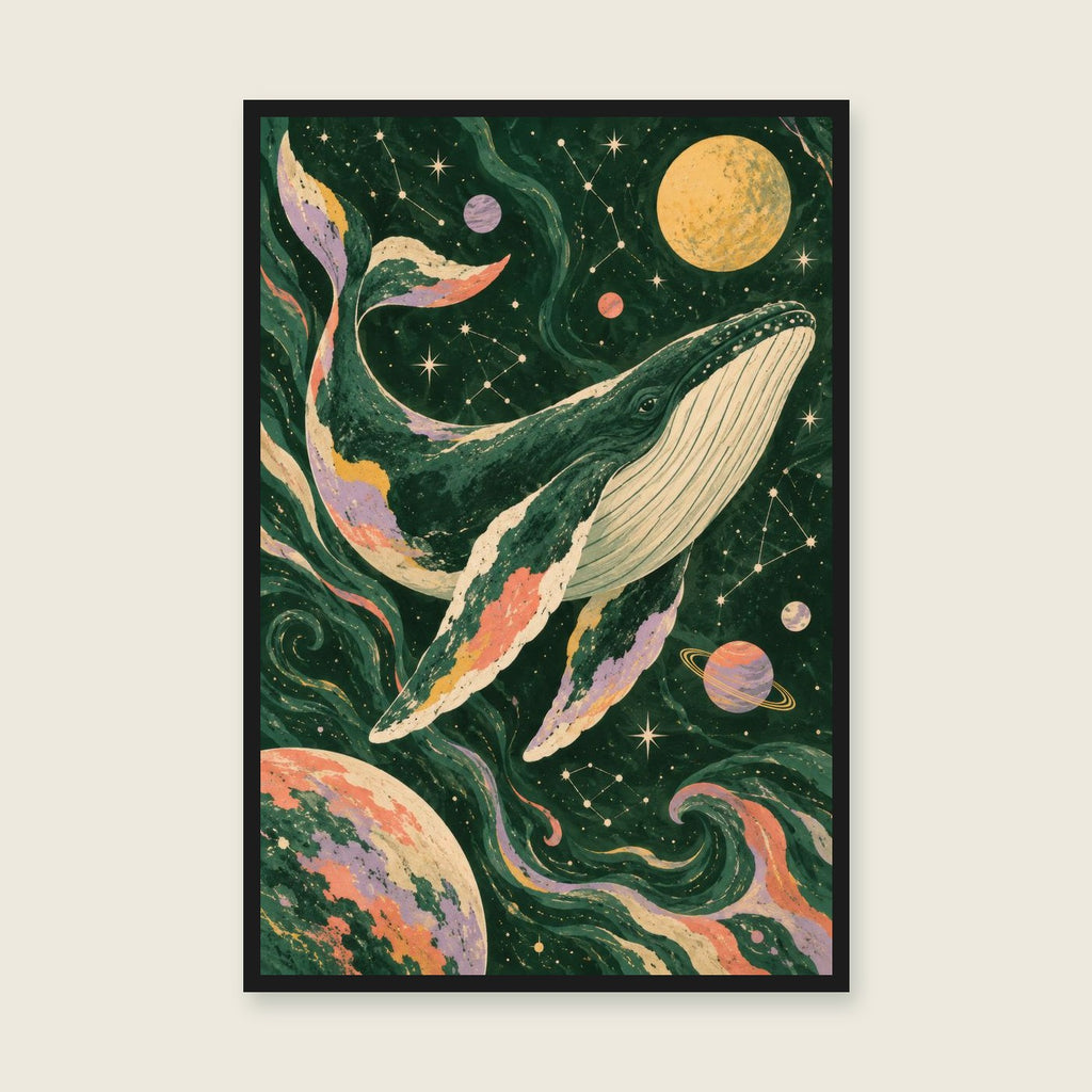 Cosmic Whale children’s illustration in green, coral, lilac and yellow — styled with a black frame; choose the framed finish to include it