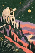 The Observatory children’s illustration in green, coral, lilac and yellow — artwork detail