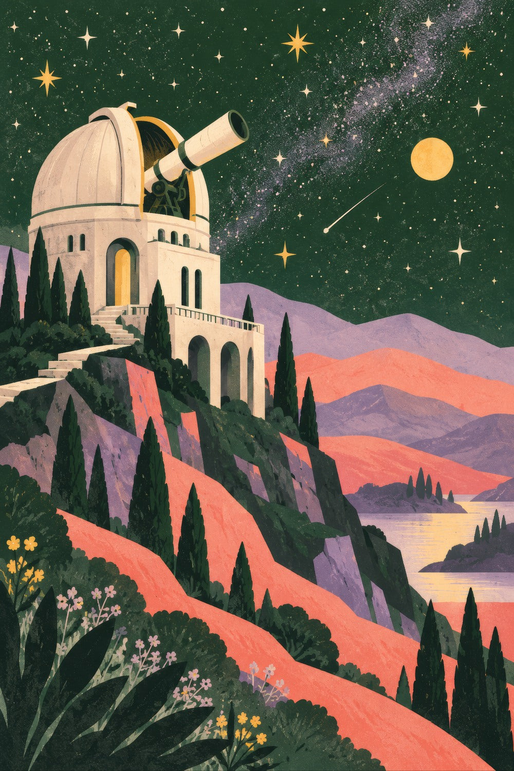 The Observatory children’s illustration in green, coral, lilac and yellow — artwork detail