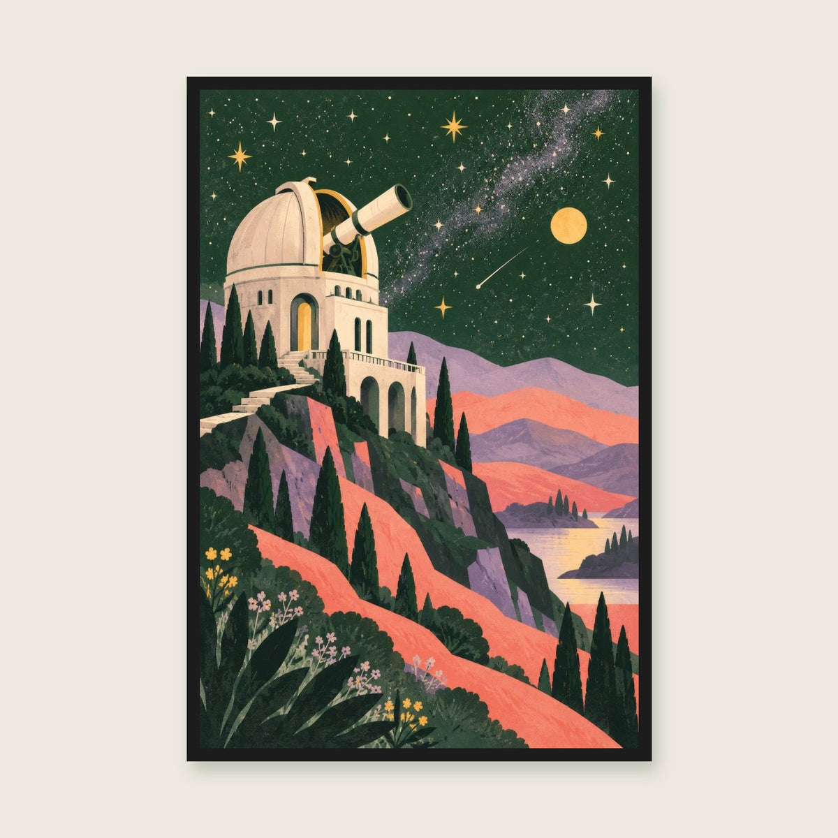 The Observatory children’s illustration in green, coral, lilac and yellow — styled with a black frame; choose the framed finish to include it