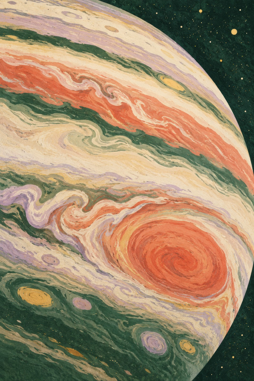 Jupiter Rising children’s illustration in green, coral, lilac and yellow — artwork detail