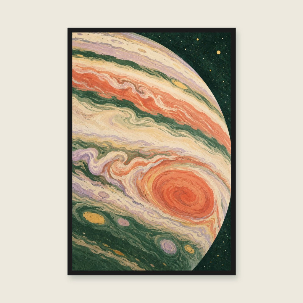 Jupiter Rising children’s illustration in green, coral, lilac and yellow — styled with a black frame; choose the framed finish to include it