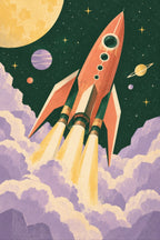 Interstellar Explorer children’s illustration in green, coral, lilac and yellow — artwork detail