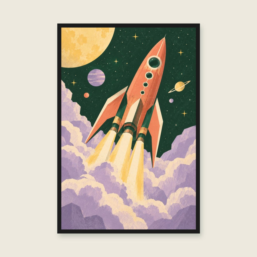 Interstellar Explorer children’s illustration in green, coral, lilac and yellow — styled with a black frame; choose the framed finish to include it