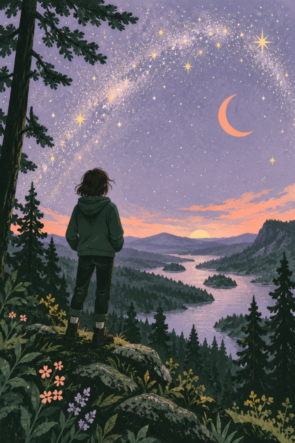 Stargazer children’s illustration in green, coral, lilac and yellow — artwork detail