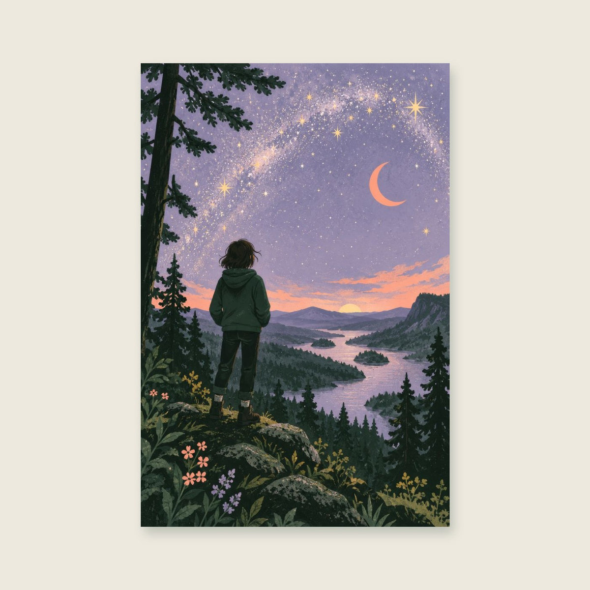 Stargazer children’s illustration in green, coral, lilac and yellow