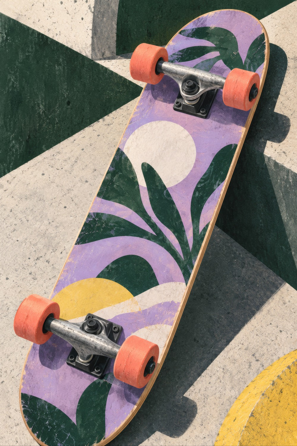 Skate the City children’s illustration in green, coral, lilac and yellow — artwork detail