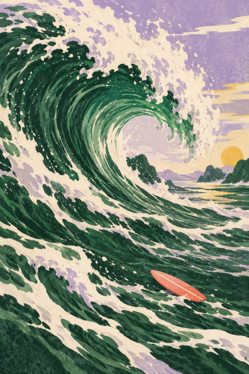 Catch the Wave children’s illustration in green, coral, lilac and yellow — artwork detail