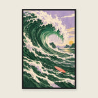 Catch the Wave children’s illustration in green, coral, lilac and yellow — styled with a black frame; choose the framed finish to include it