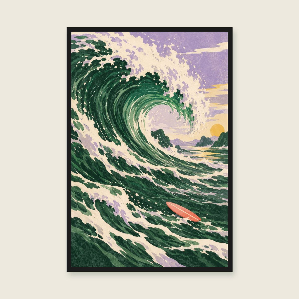 Catch the Wave children’s illustration in green, coral, lilac and yellow — styled with a black frame; choose the framed finish to include it