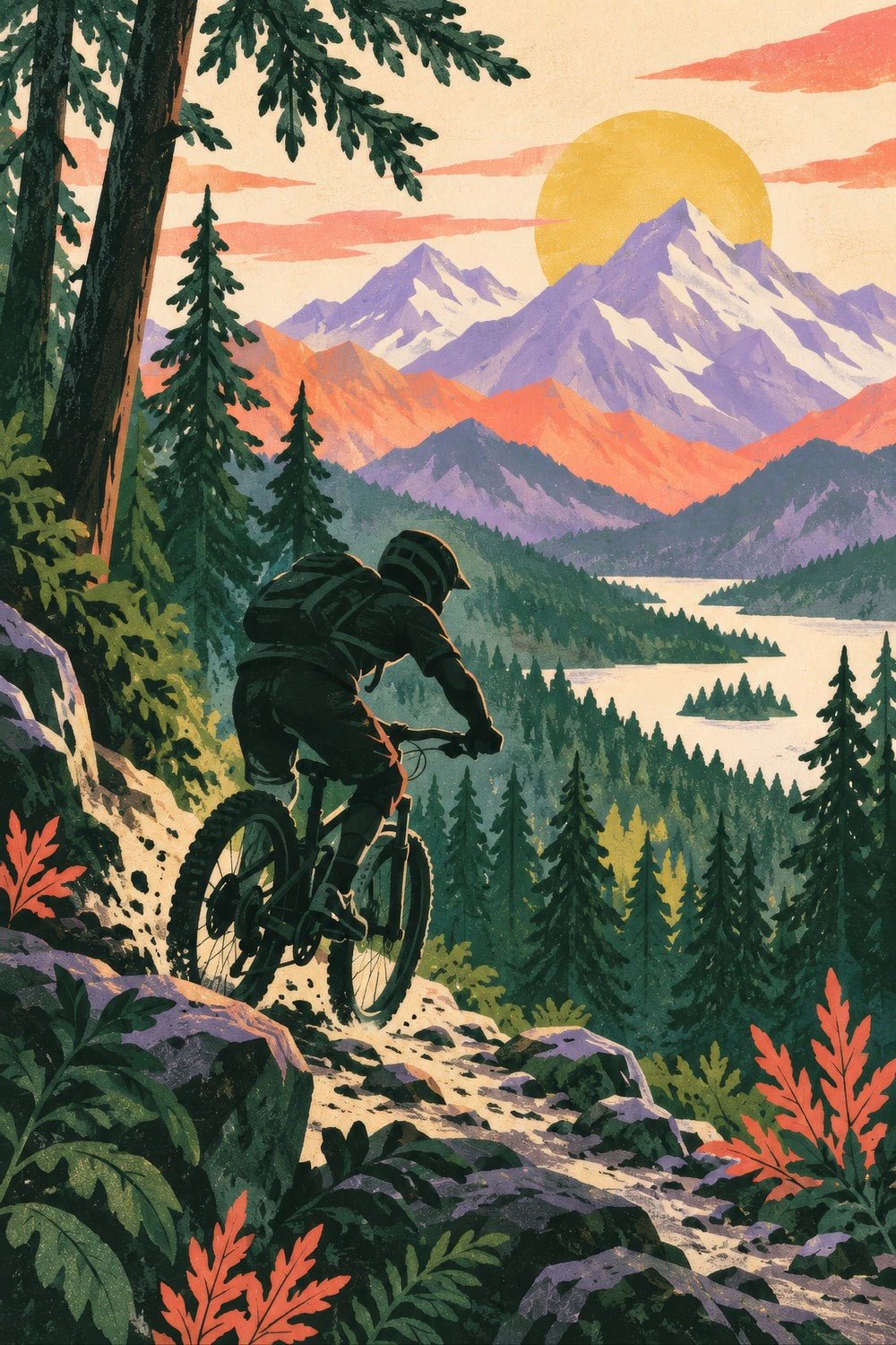 Ride the Trail children’s illustration in green, coral, lilac and yellow — artwork detail