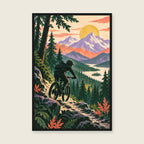 Ride the Trail children’s illustration in green, coral, lilac and yellow — styled with a black frame; choose the framed finish to include it