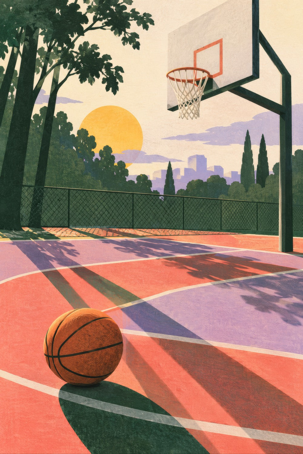After School Hoops children’s illustration in green, coral, lilac and yellow — artwork detail