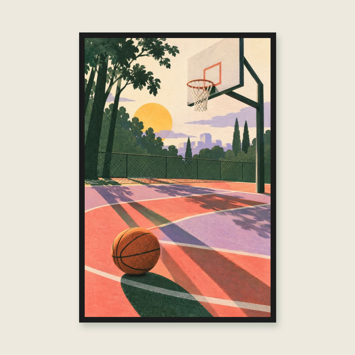 After School Hoops children’s illustration in green, coral, lilac and yellow — styled with a black frame; choose the framed finish to include it