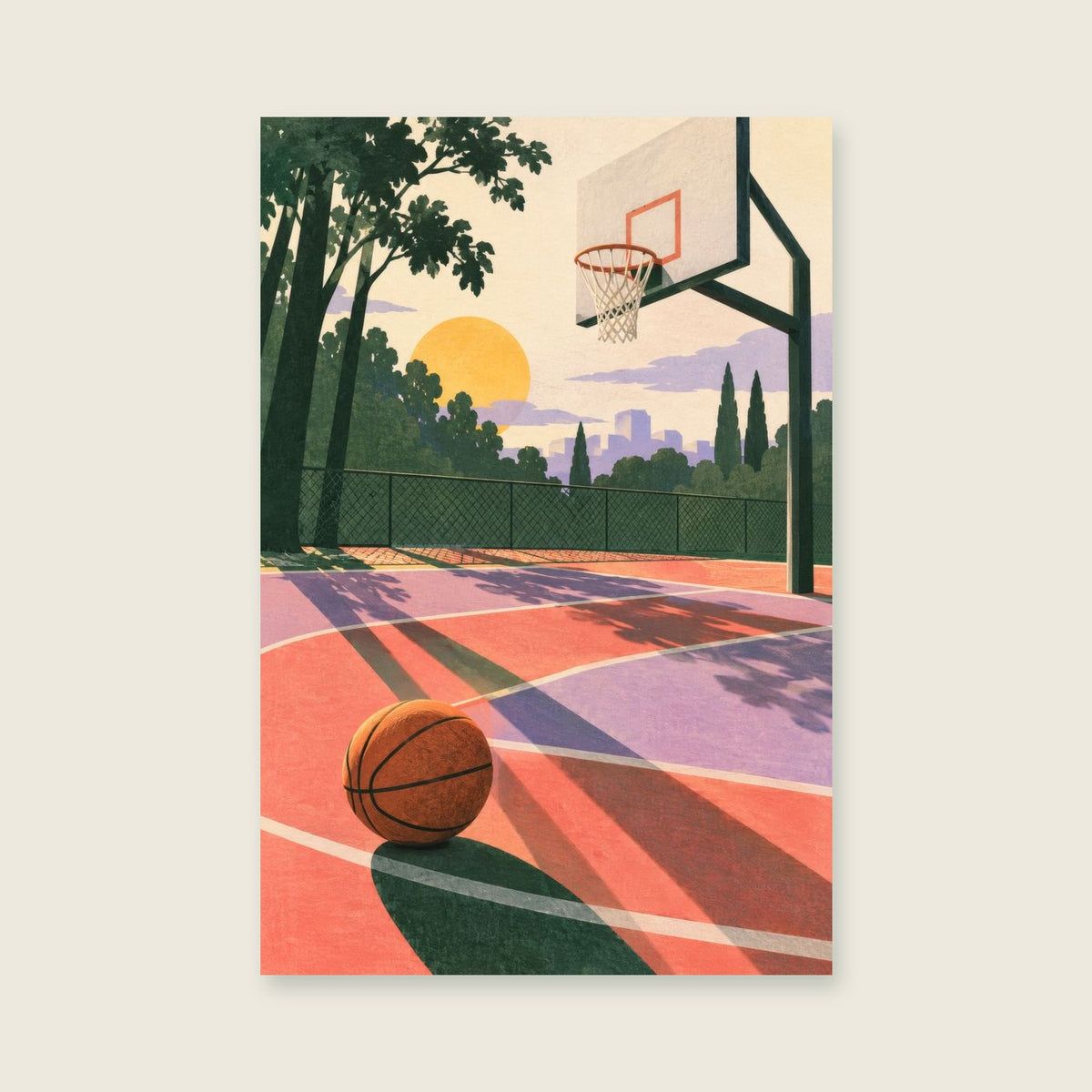 After School Hoops children’s illustration in green, coral, lilac and yellow