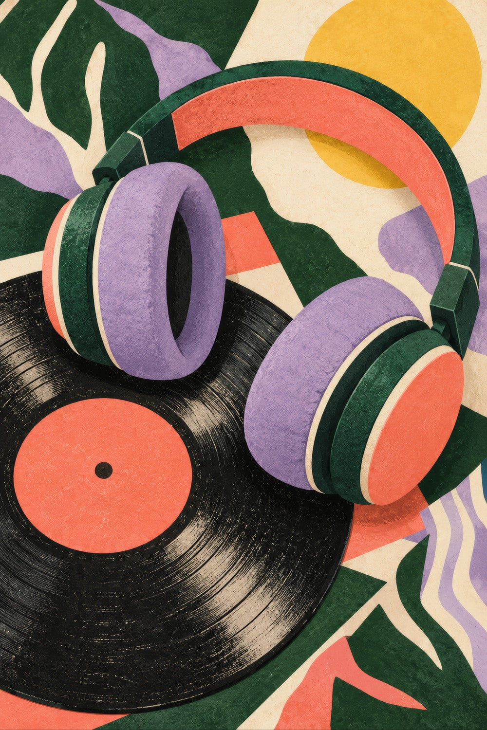 Turn It Up children’s illustration in green, coral, lilac and yellow — artwork detail