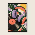 Turn It Up children’s illustration in green, coral, lilac and yellow — styled with a black frame; choose the framed finish to include it