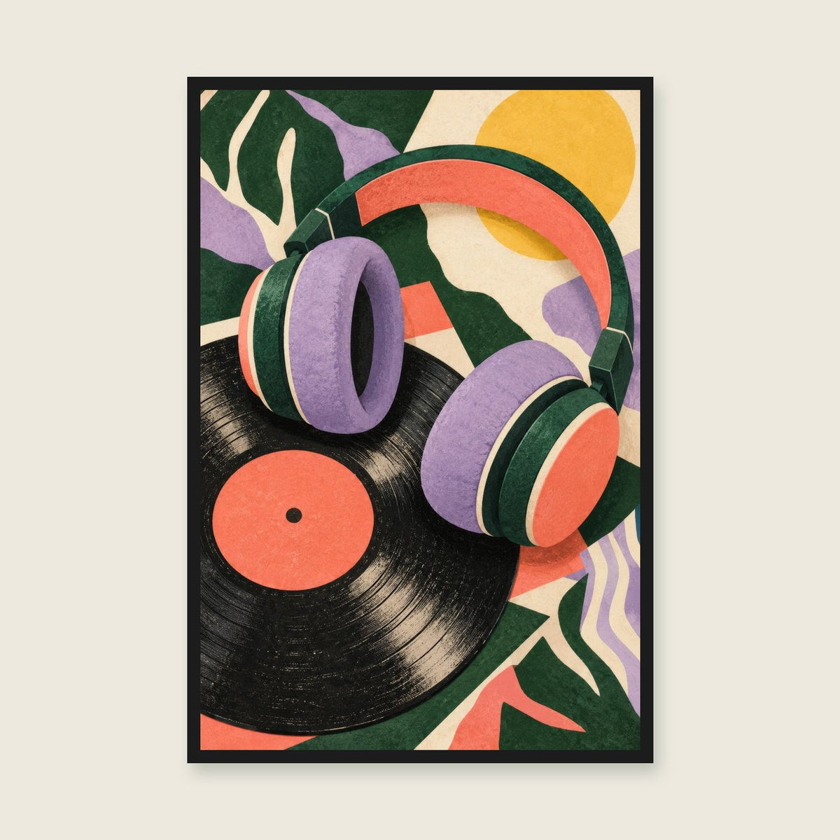 Turn It Up children’s illustration in green, coral, lilac and yellow — styled with a black frame; choose the framed finish to include it