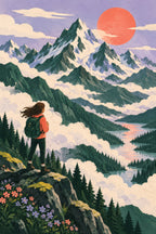 Above the Clouds children’s illustration in green, coral, lilac and yellow — artwork detail