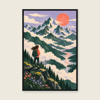 Above the Clouds children’s illustration in green, coral, lilac and yellow — styled with a black frame; choose the framed finish to include it