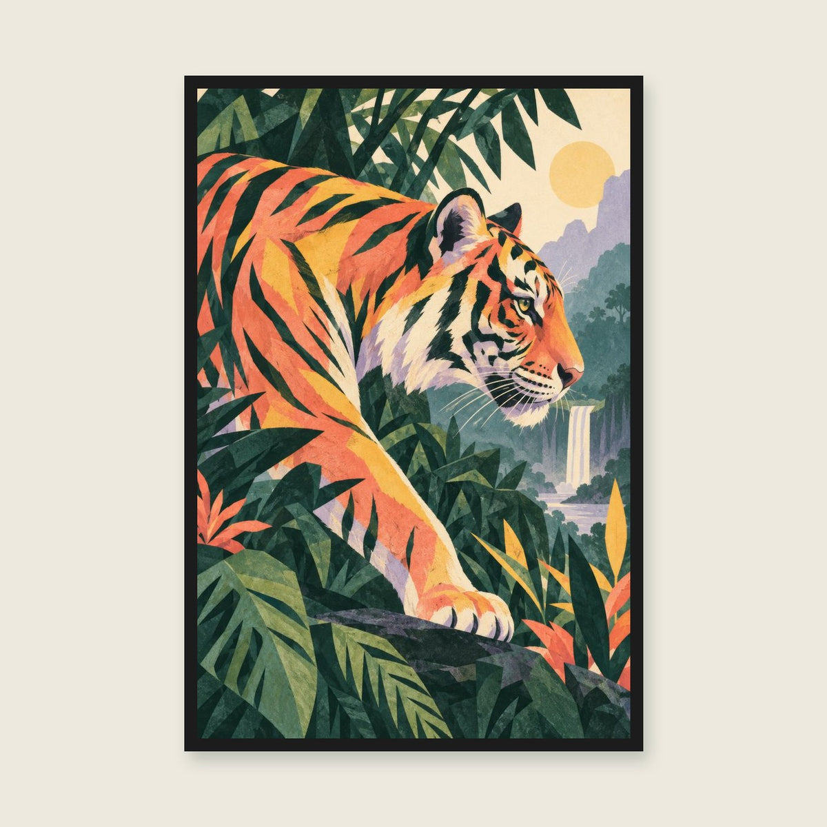 Wild Stripes children’s illustration in green, coral, lilac and yellow — styled with a black frame; choose the framed finish to include it