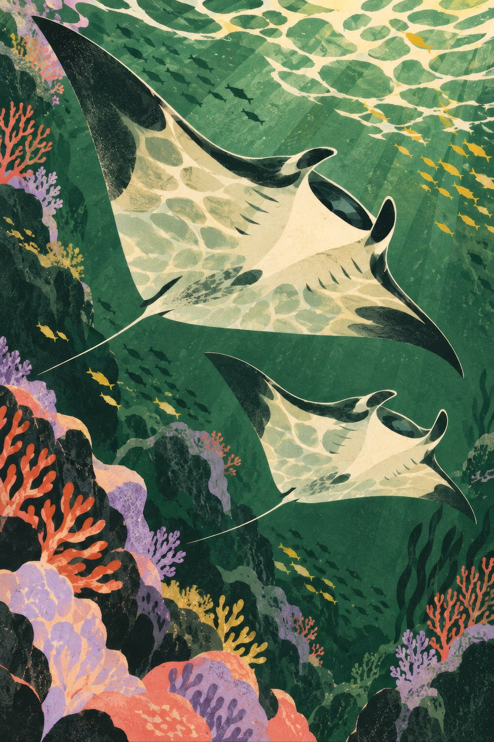 Ocean Drift children’s illustration in green, coral, lilac and yellow — artwork detail