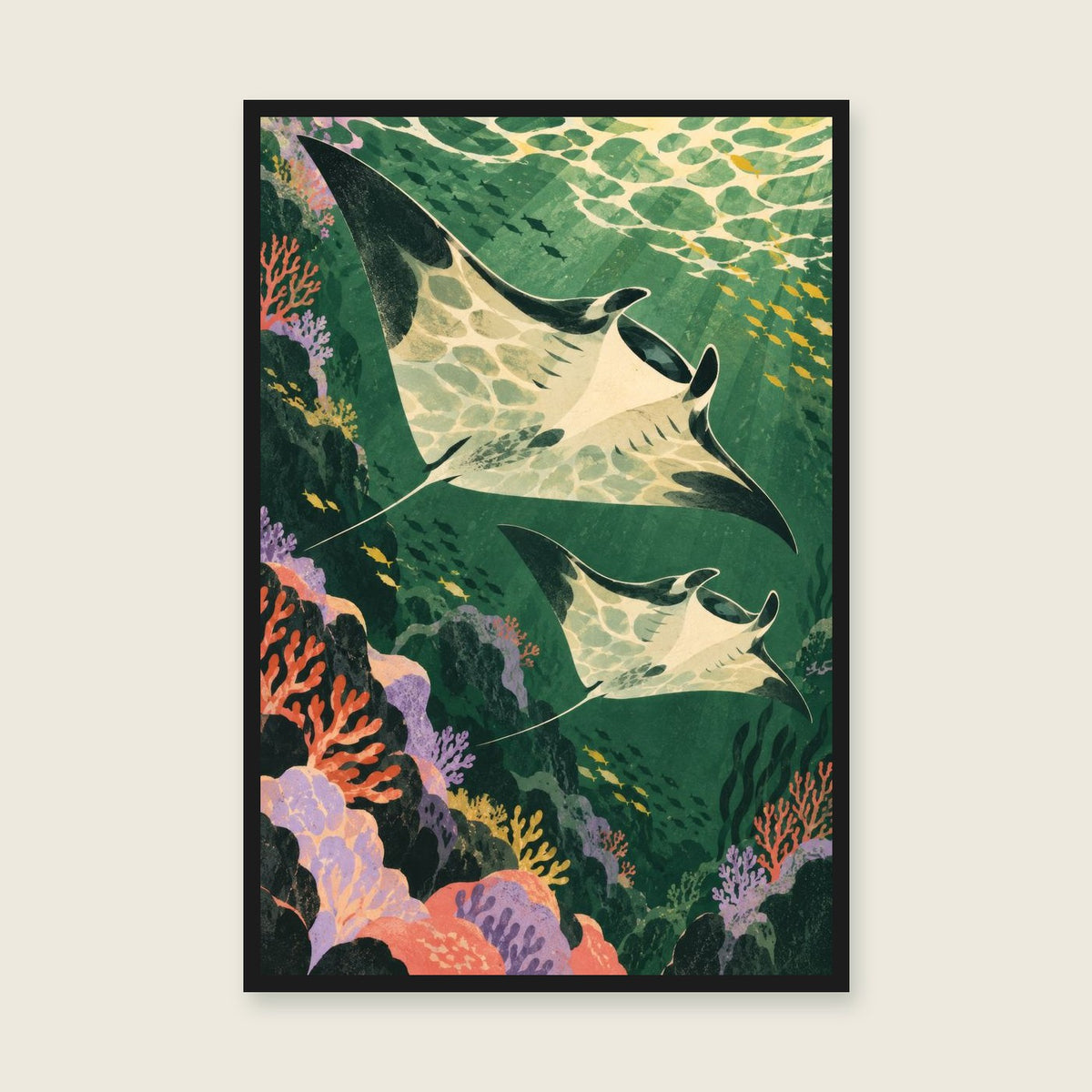 Ocean Drift children’s illustration in green, coral, lilac and yellow — styled with a black frame; choose the framed finish to include it