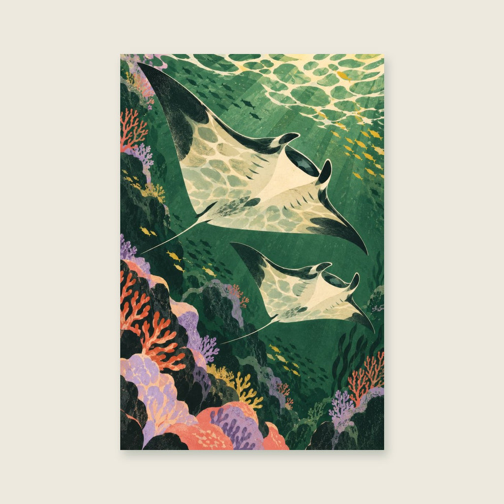 Ocean Drift children’s illustration in green, coral, lilac and yellow
