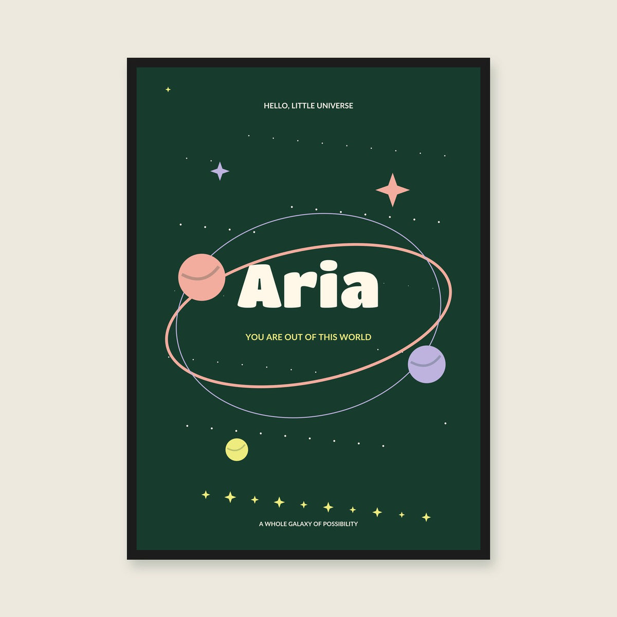 Name in Orbit personalised print — sample wording; enter your own details — black-frame example