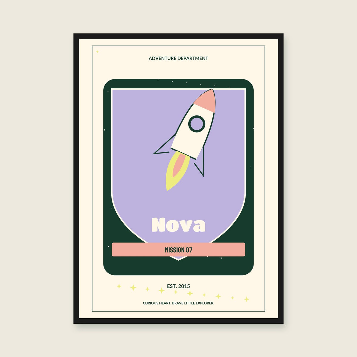 Mission Badge personalised print — sample wording; enter your own details — black-frame example
