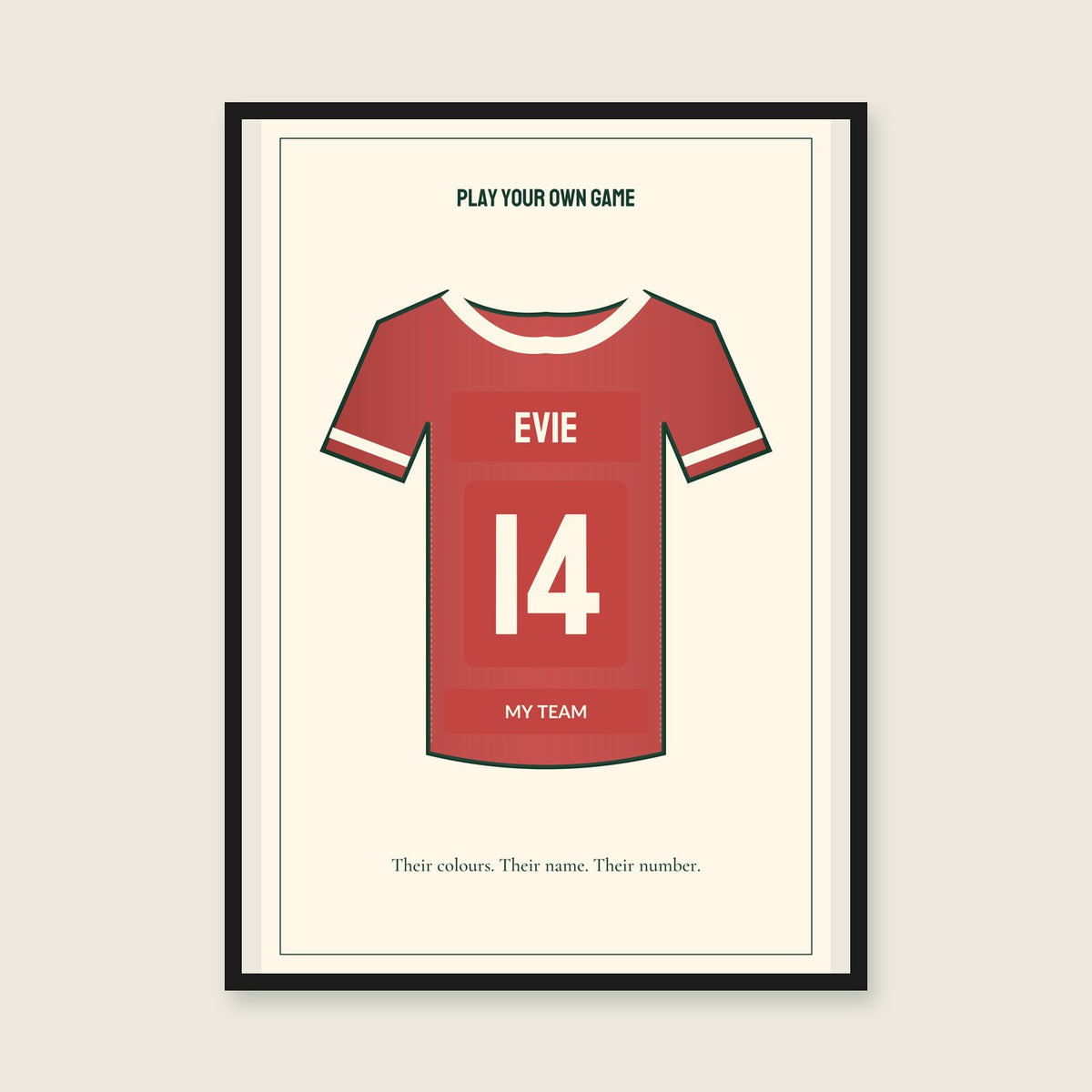 My Football Shirt personalised print — sample wording; enter your own details — black-frame example