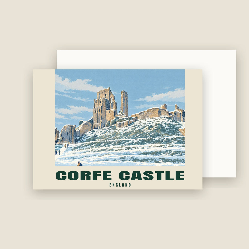 Corfe Castle winter Christmas card with its envelope