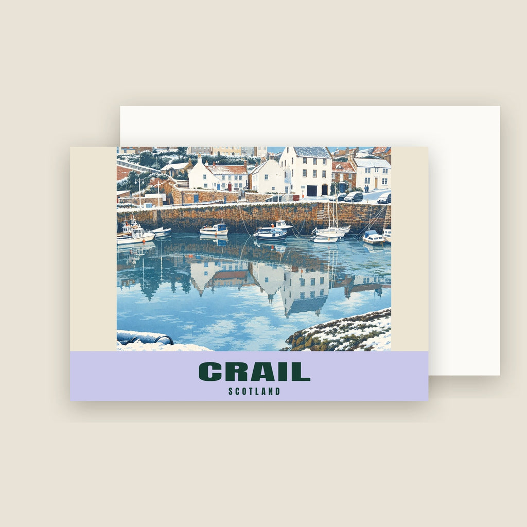 Crail Harbour winter Christmas card with its envelope